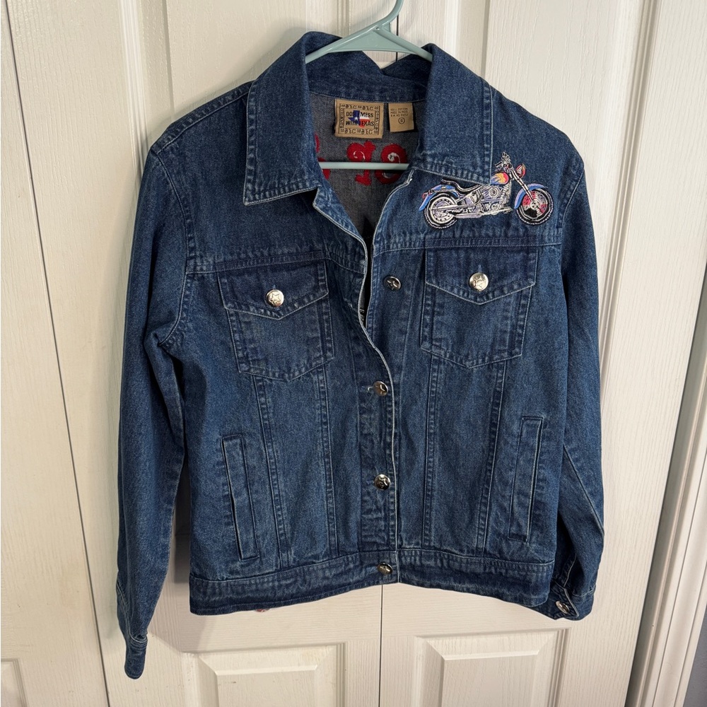 Don't Mess With Texas Biker Babe Jean Denim Jacket Women's Size‎ Small Grunge